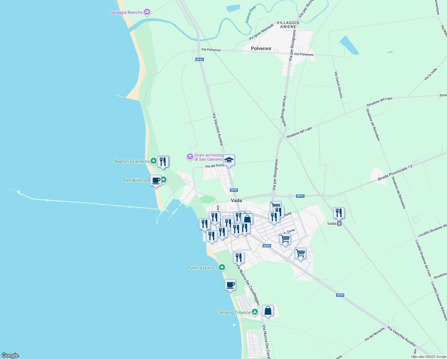 map of restaurants, bars, coffee shops, grocery stores, and more near 30 Via Girolamo Savonarola in Vada