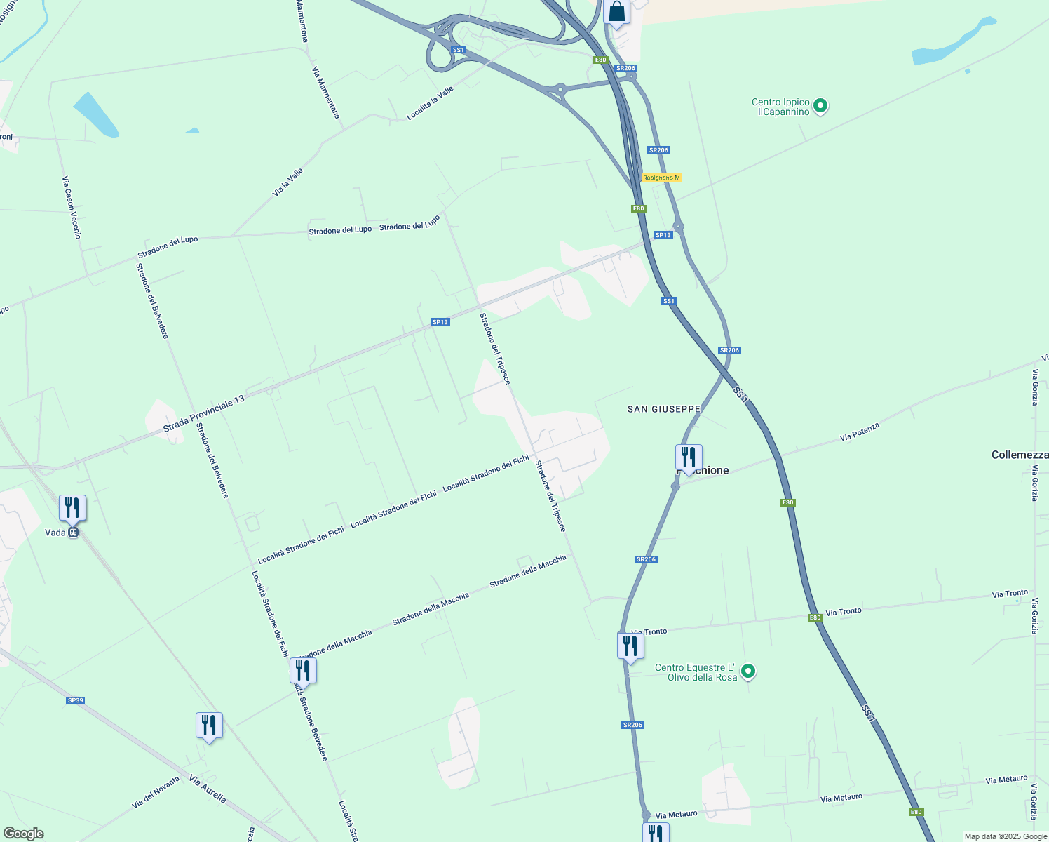 map of restaurants, bars, coffee shops, grocery stores, and more near 11 Stradone del Tripesce in Provincia di Livorno