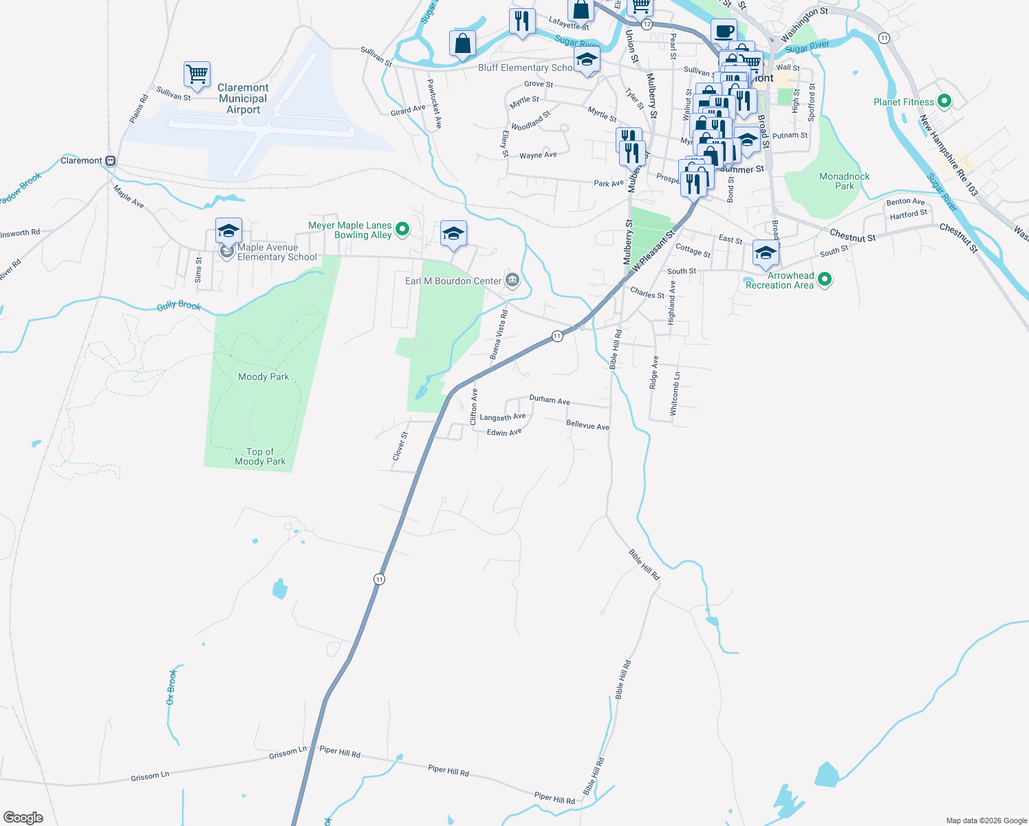 map of restaurants, bars, coffee shops, grocery stores, and more near 2 Stringer Ln in Claremont