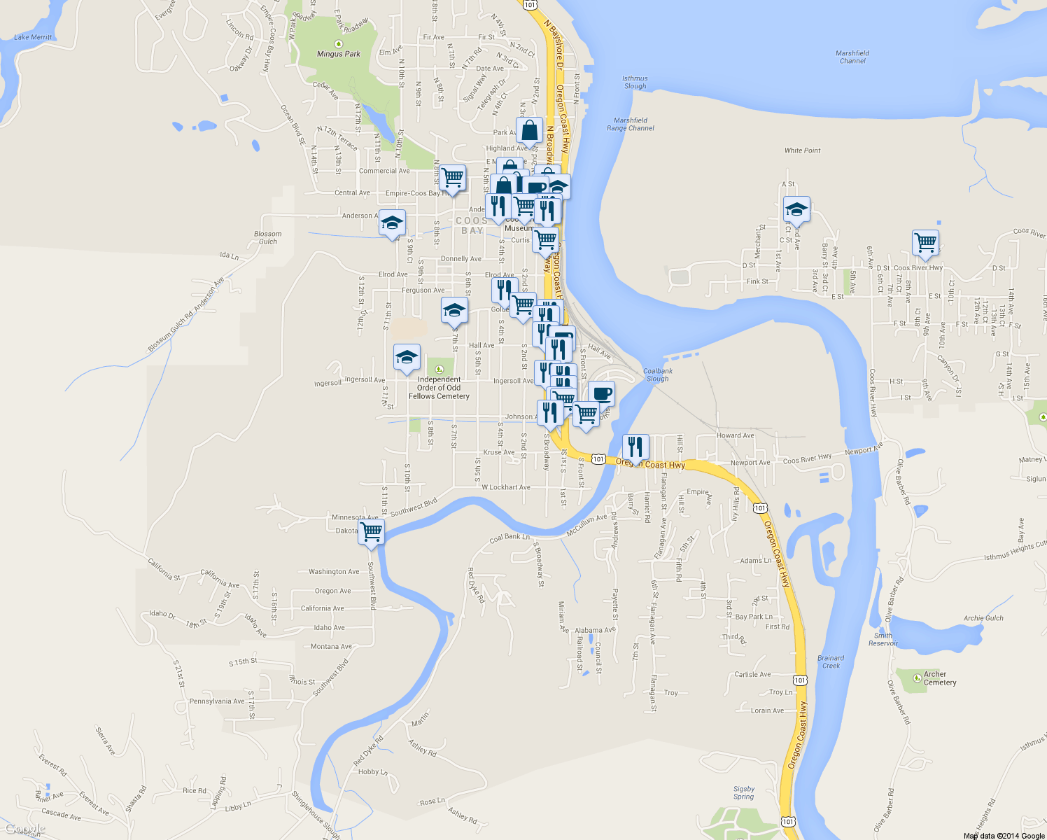 map of restaurants, bars, coffee shops, grocery stores, and more near 1007 South 2nd Street in Coos Bay