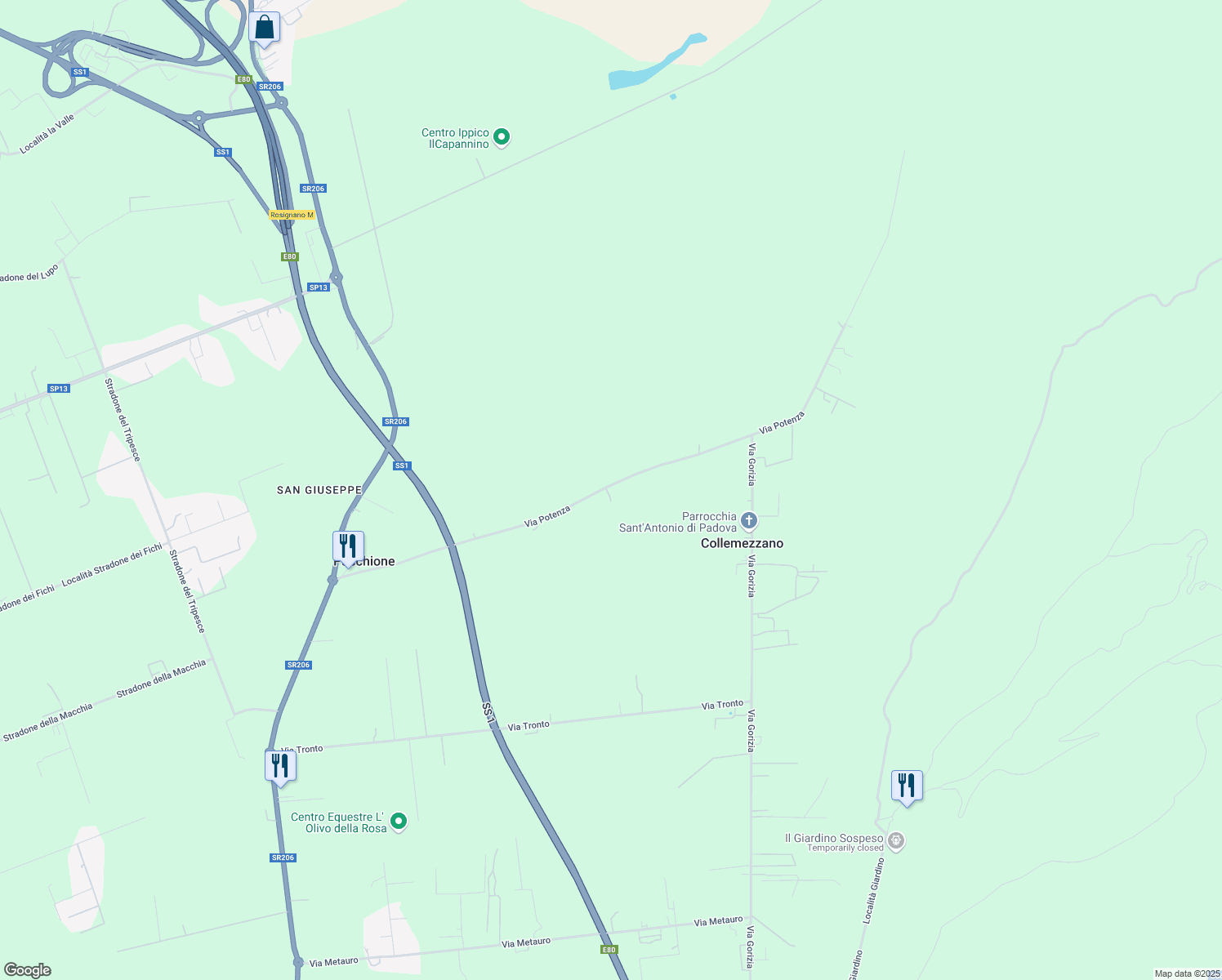 map of restaurants, bars, coffee shops, grocery stores, and more near 18 Via Potenza in Provincia di Livorno