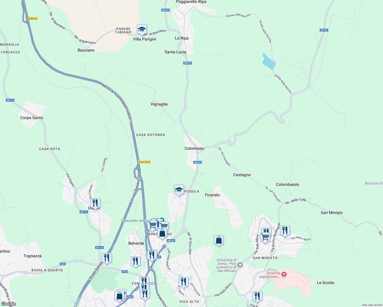 map of restaurants, bars, coffee shops, grocery stores, and more near 8 Via delle Regioni in Colombaio