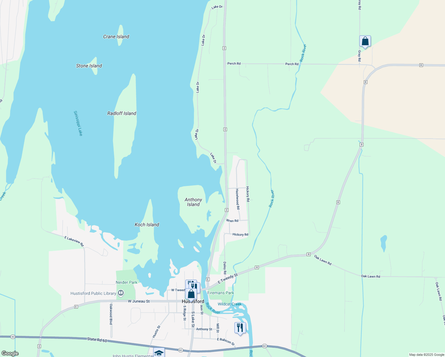 map of restaurants, bars, coffee shops, grocery stores, and more near N4579 County Road E in Hustisford