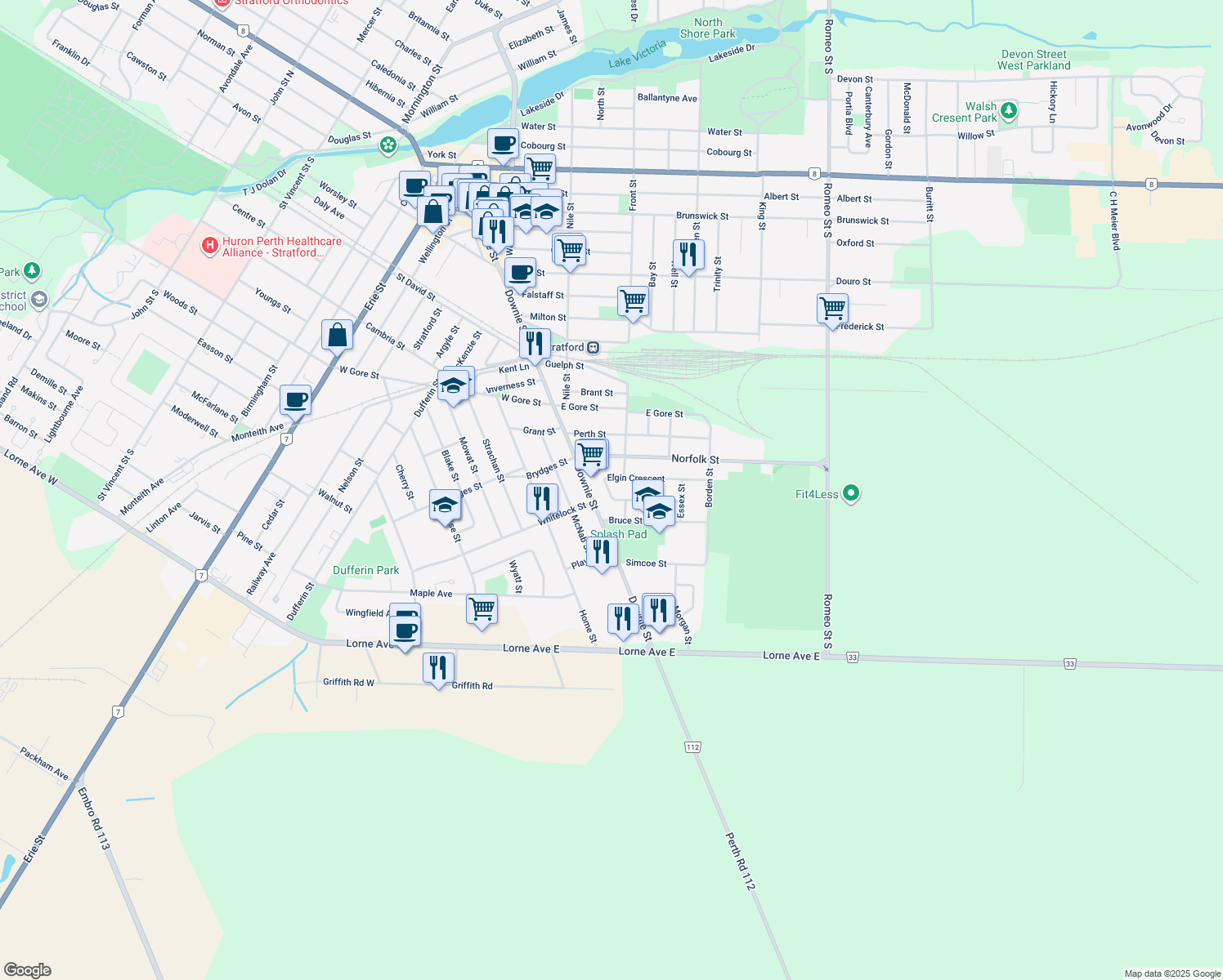 map of restaurants, bars, coffee shops, grocery stores, and more near 211 Elgin Crescent in Stratford