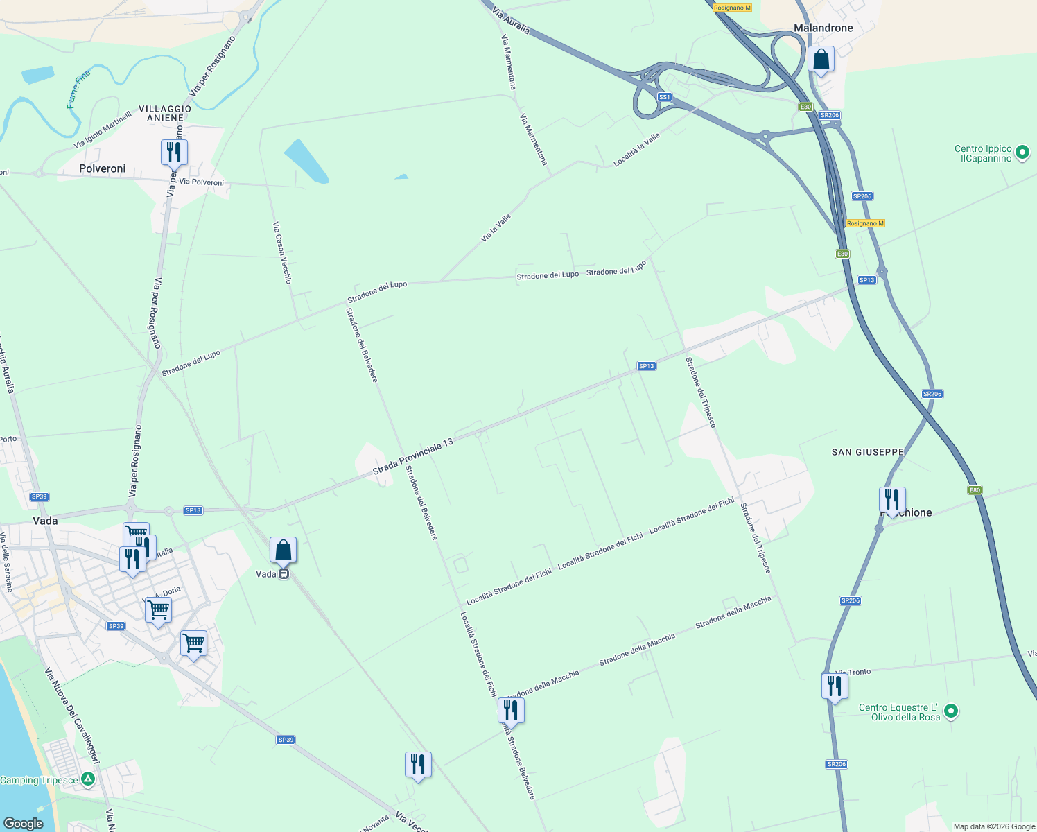 map of restaurants, bars, coffee shops, grocery stores, and more near 17 Località della Torre SP 13 Stradone della Torre in Provincia di Livorno
