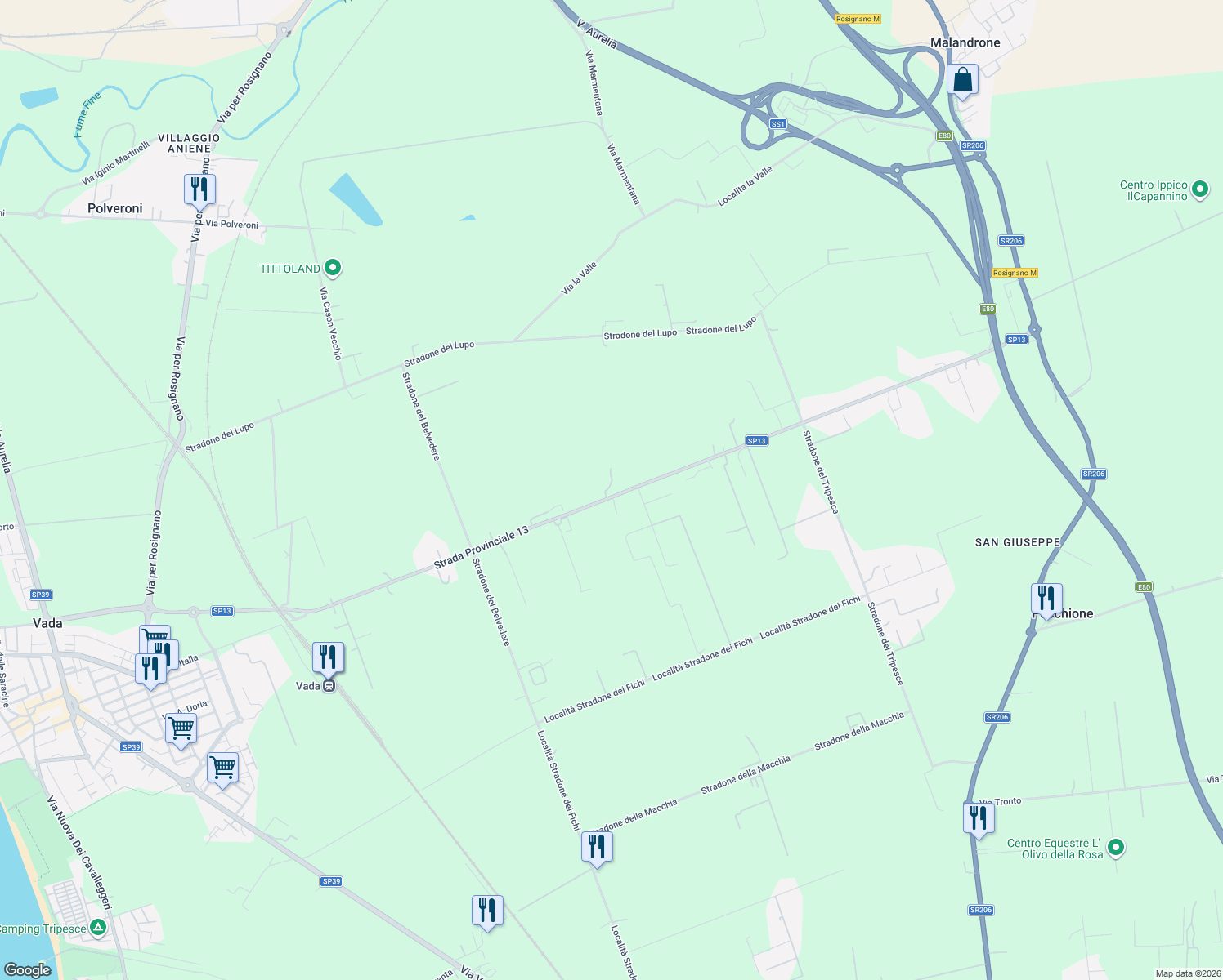 map of restaurants, bars, coffee shops, grocery stores, and more near 17 Località della Torre SP 13 Stradone della Torre in Provincia di Livorno