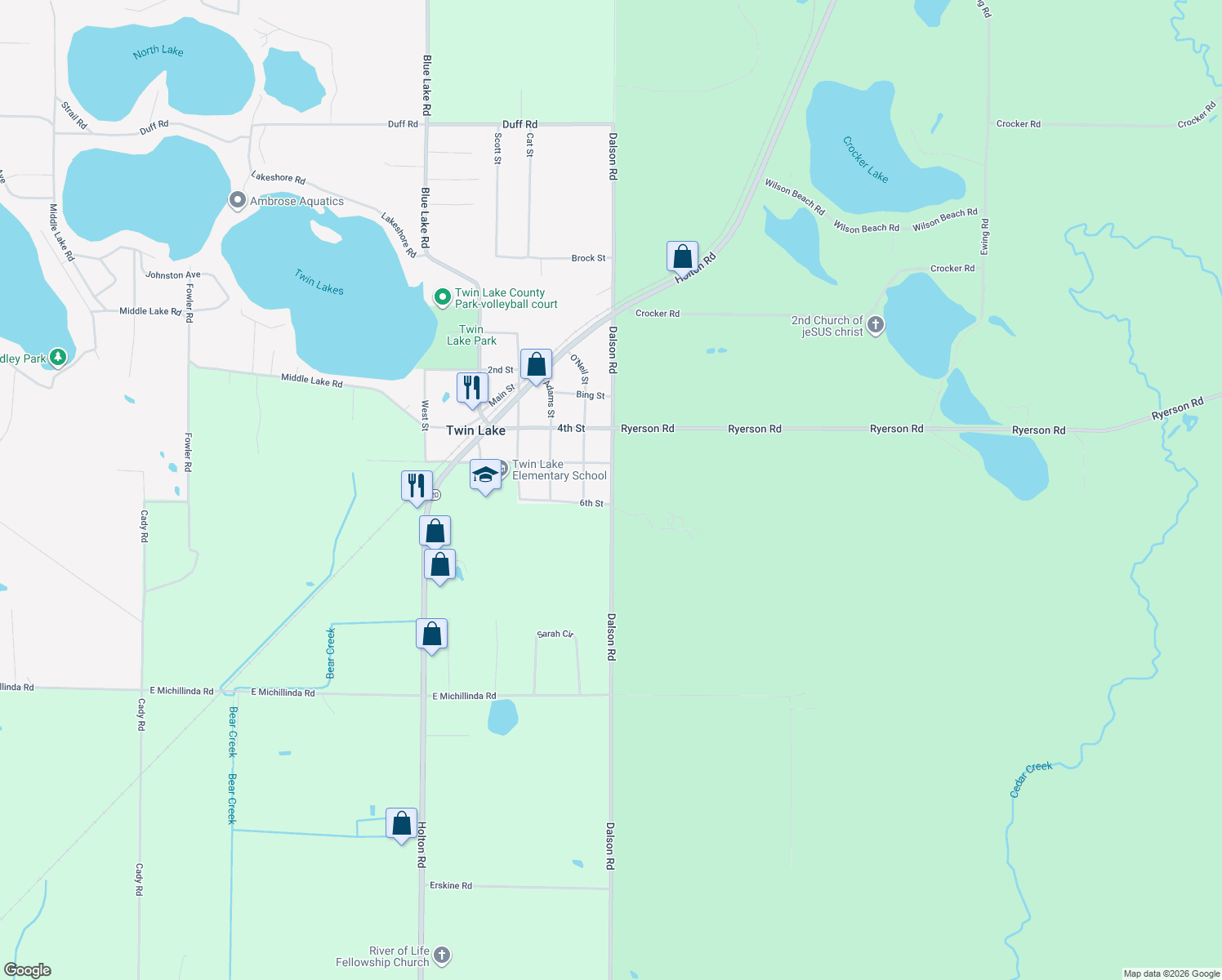 map of restaurants, bars, coffee shops, grocery stores, and more near 5832 Dalson Rd in Muskegon