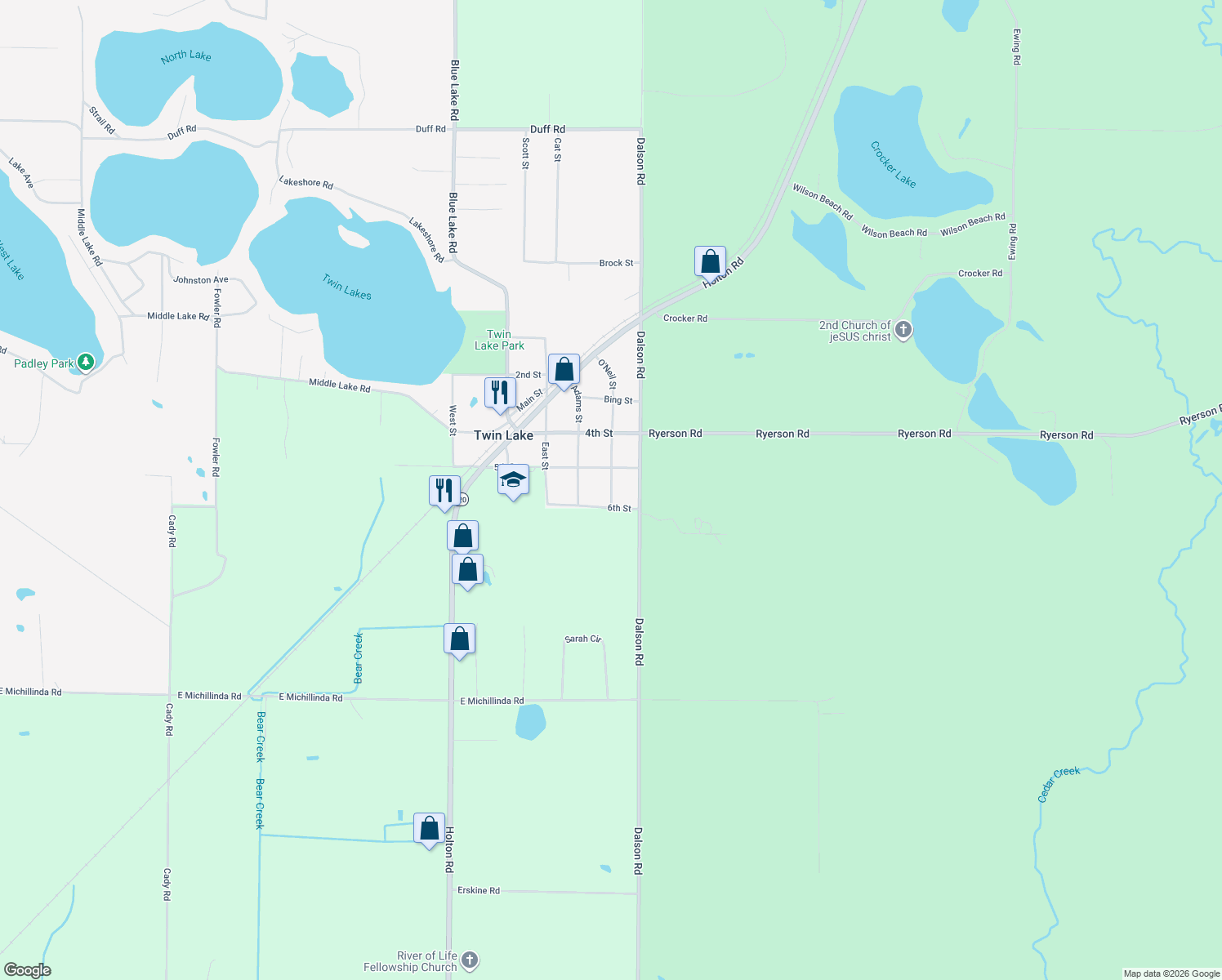 map of restaurants, bars, coffee shops, grocery stores, and more near 5846 O'Neil Street in Twin Lake