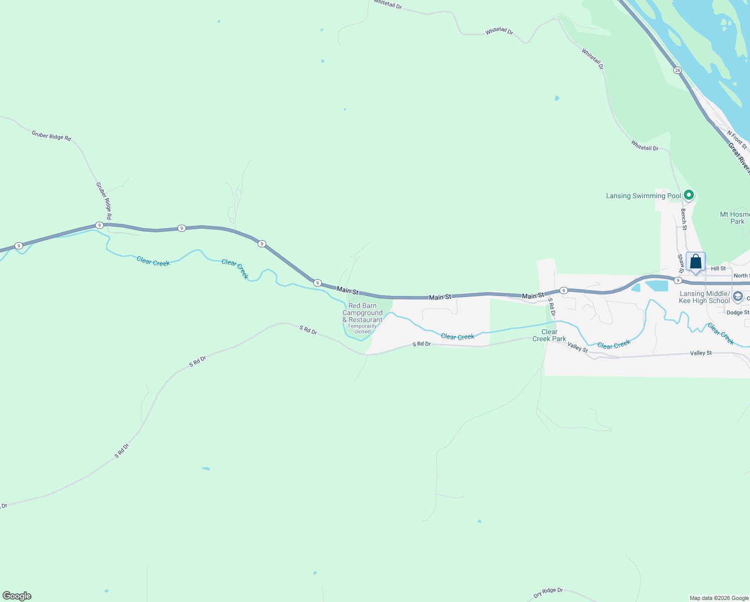 map of restaurants, bars, coffee shops, grocery stores, and more near Creek View Lane in Lansing