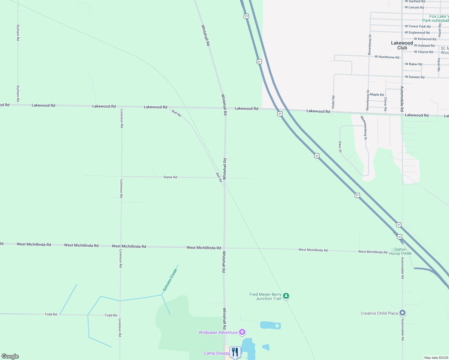 map of restaurants, bars, coffee shops, grocery stores, and more near 5786 Whitehall Road in Whitehall