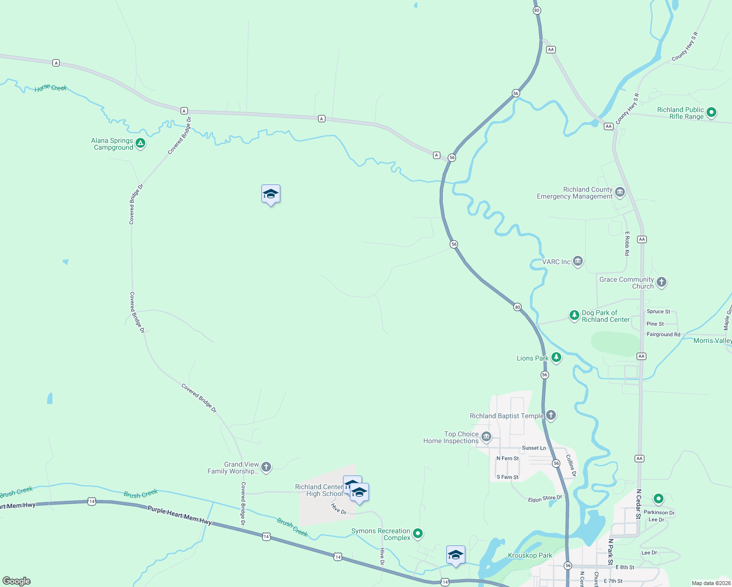 map of restaurants, bars, coffee shops, grocery stores, and more near 23331 McDougal Ln in Richland Center