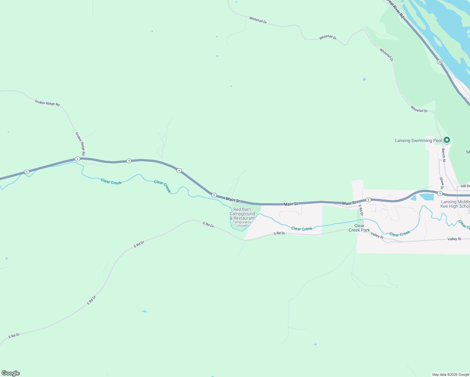 map of restaurants, bars, coffee shops, grocery stores, and more near Creek View Lane in Lansing