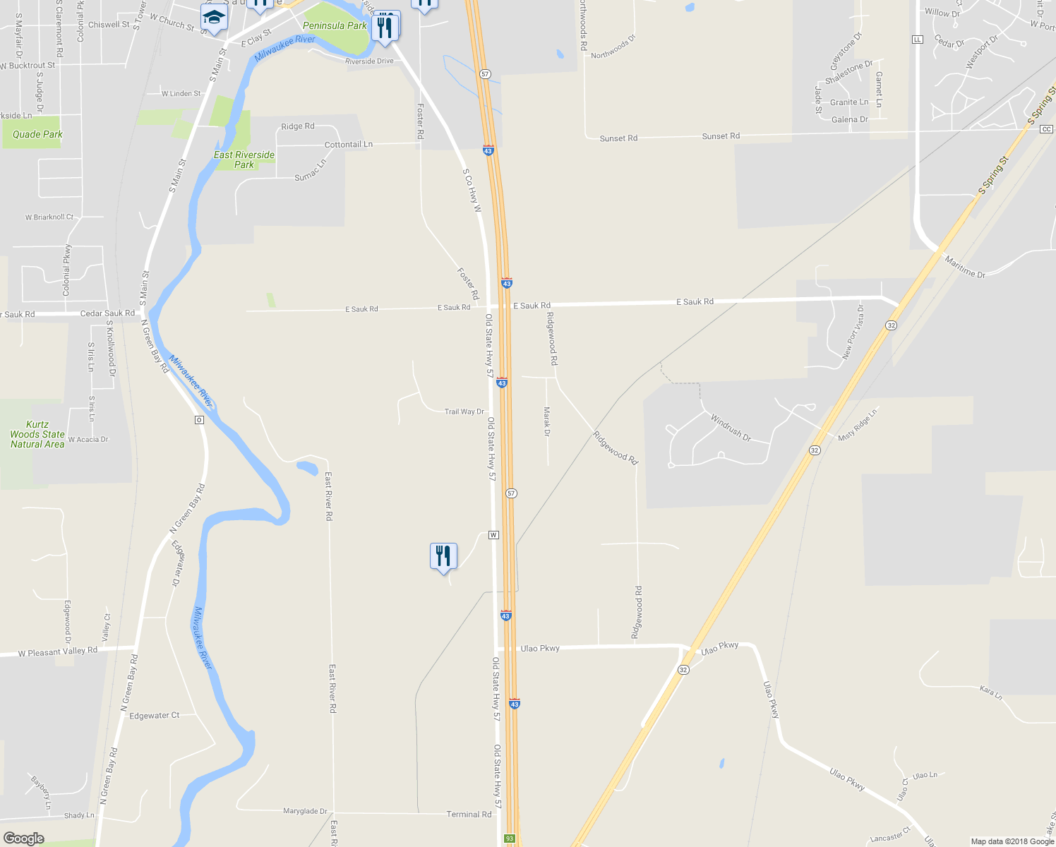 map of restaurants, bars, coffee shops, grocery stores, and more near 2387 Marak Drive in Grafton
