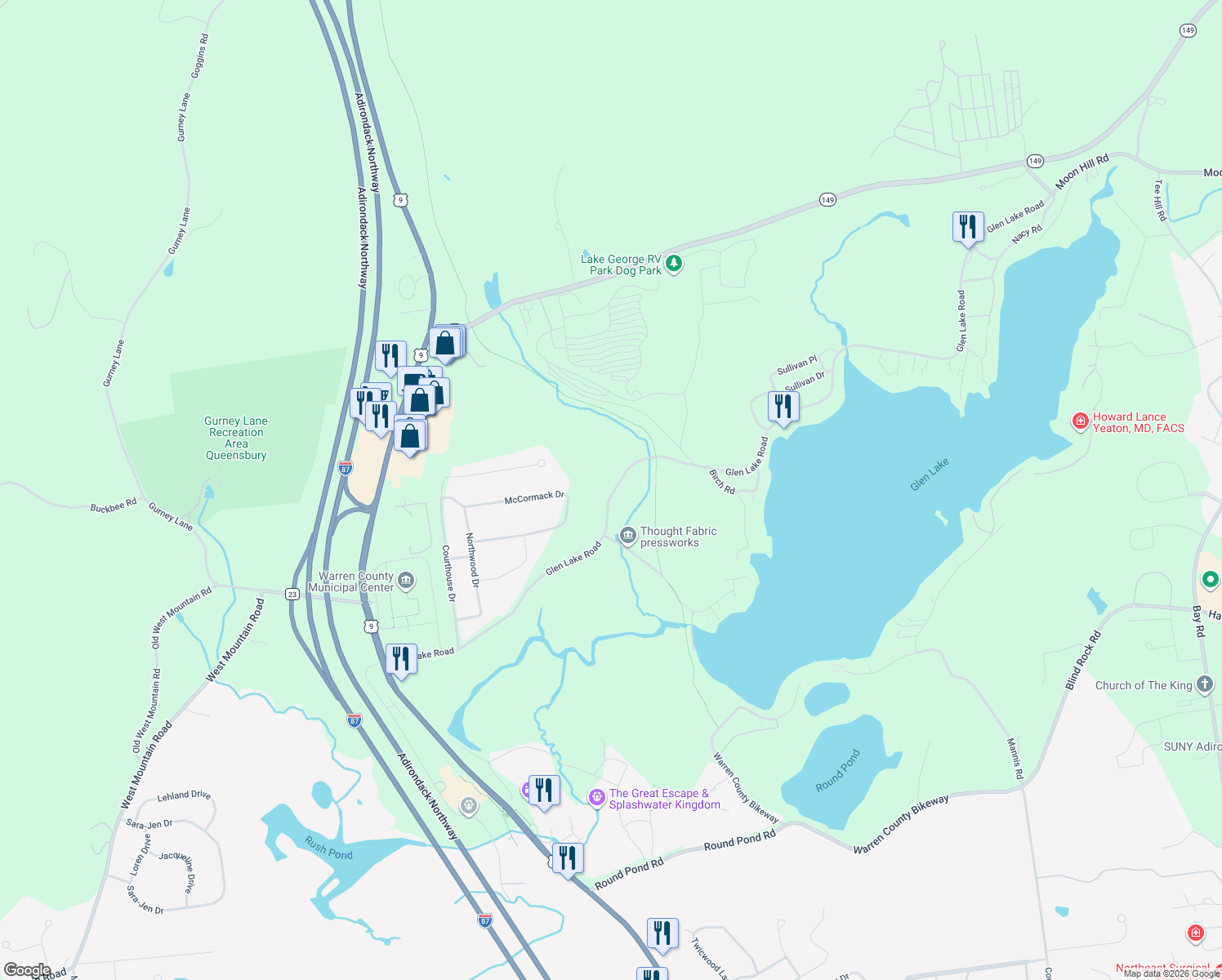 map of restaurants, bars, coffee shops, grocery stores, and more near 177 Glen Lake Rd in Lake George