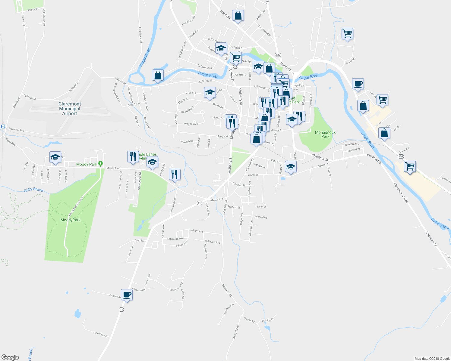 map of restaurants, bars, coffee shops, grocery stores, and more near 3 Foster Place in Claremont