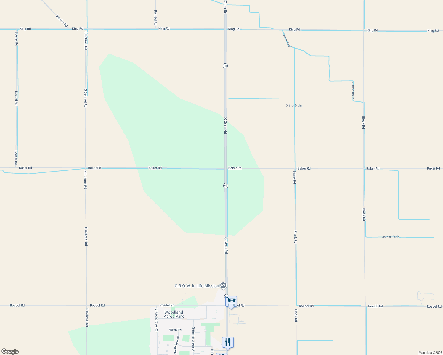 map of restaurants, bars, coffee shops, grocery stores, and more near 4080 South Gera Road in Frankenmuth