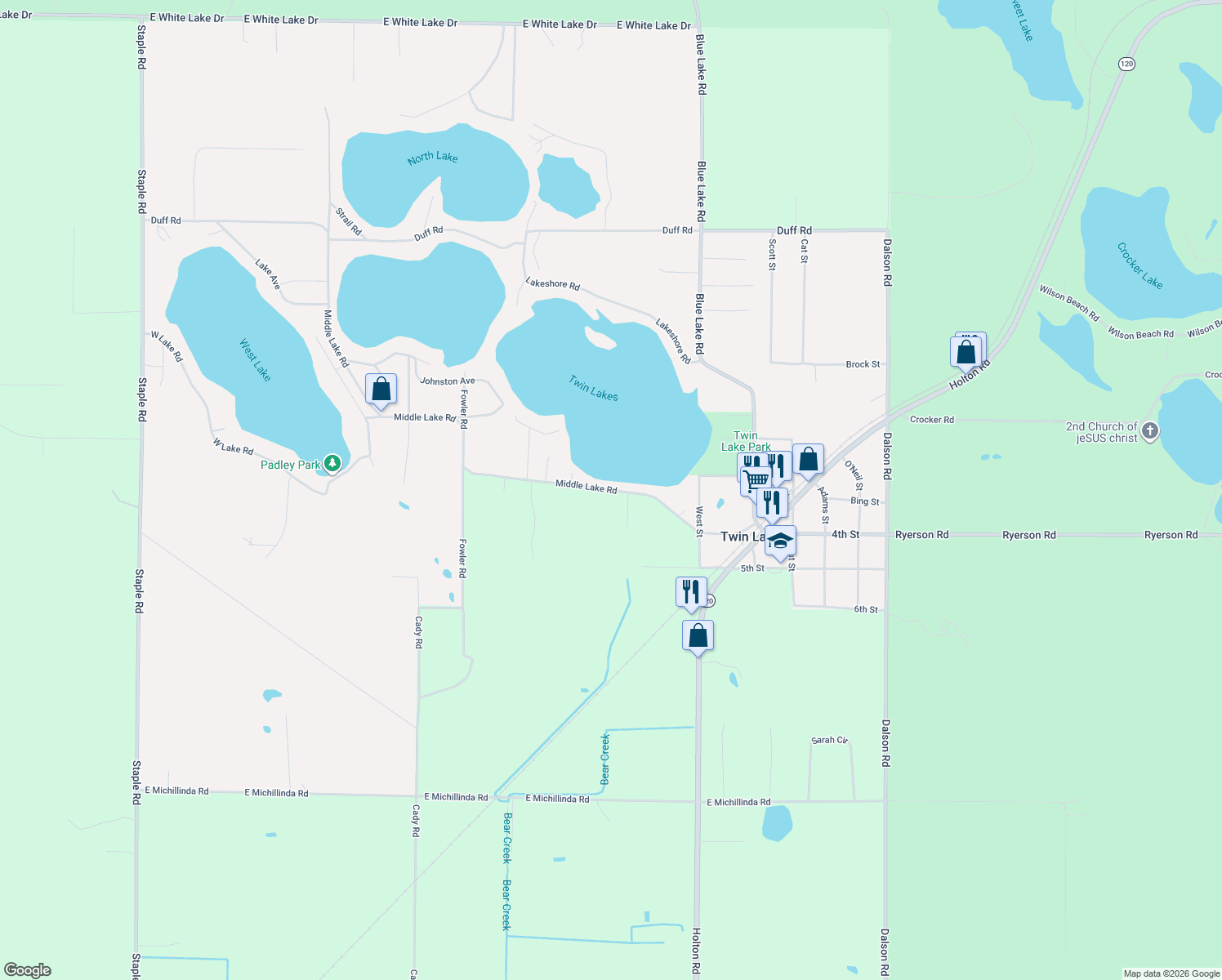 map of restaurants, bars, coffee shops, grocery stores, and more near 2750 Middle Lake Road in Twin Lake