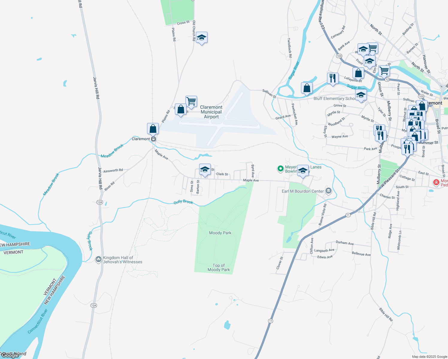 map of restaurants, bars, coffee shops, grocery stores, and more near 183 Maple Ave in Claremont