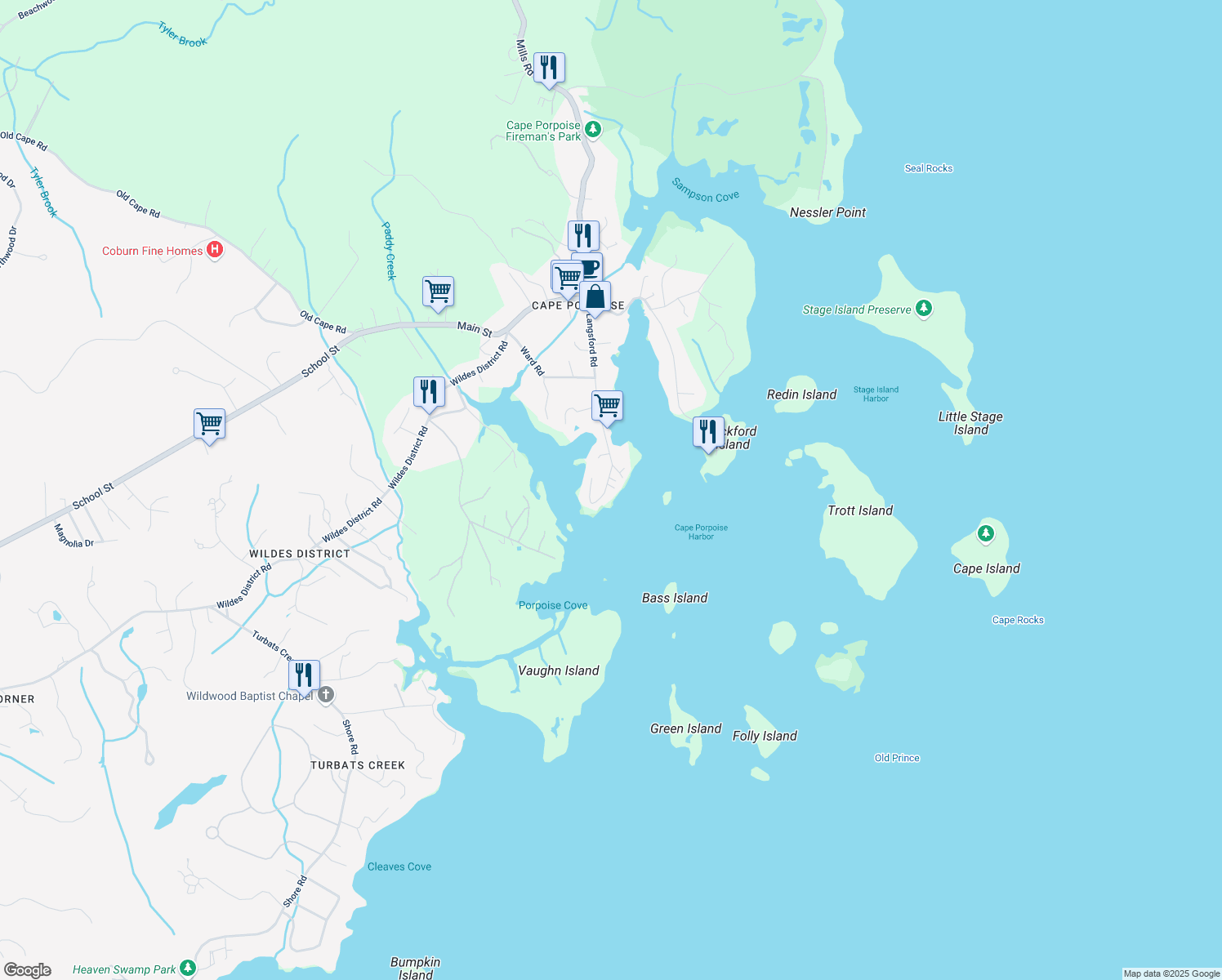 map of restaurants, bars, coffee shops, grocery stores, and more near 60 Langsford Road in Kennebunkport