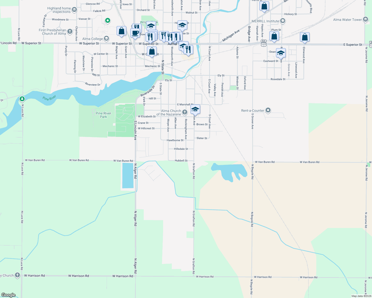 map of restaurants, bars, coffee shops, grocery stores, and more near 703 Rockingham Avenue in Alma