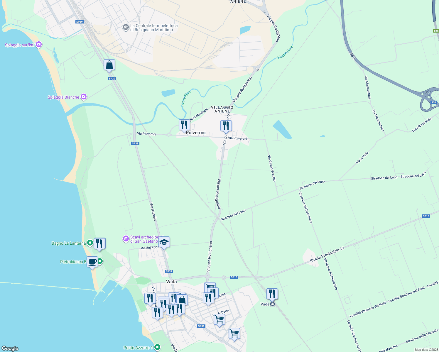 map of restaurants, bars, coffee shops, grocery stores, and more near 24 Via per Rosignano in Provincia di Livorno