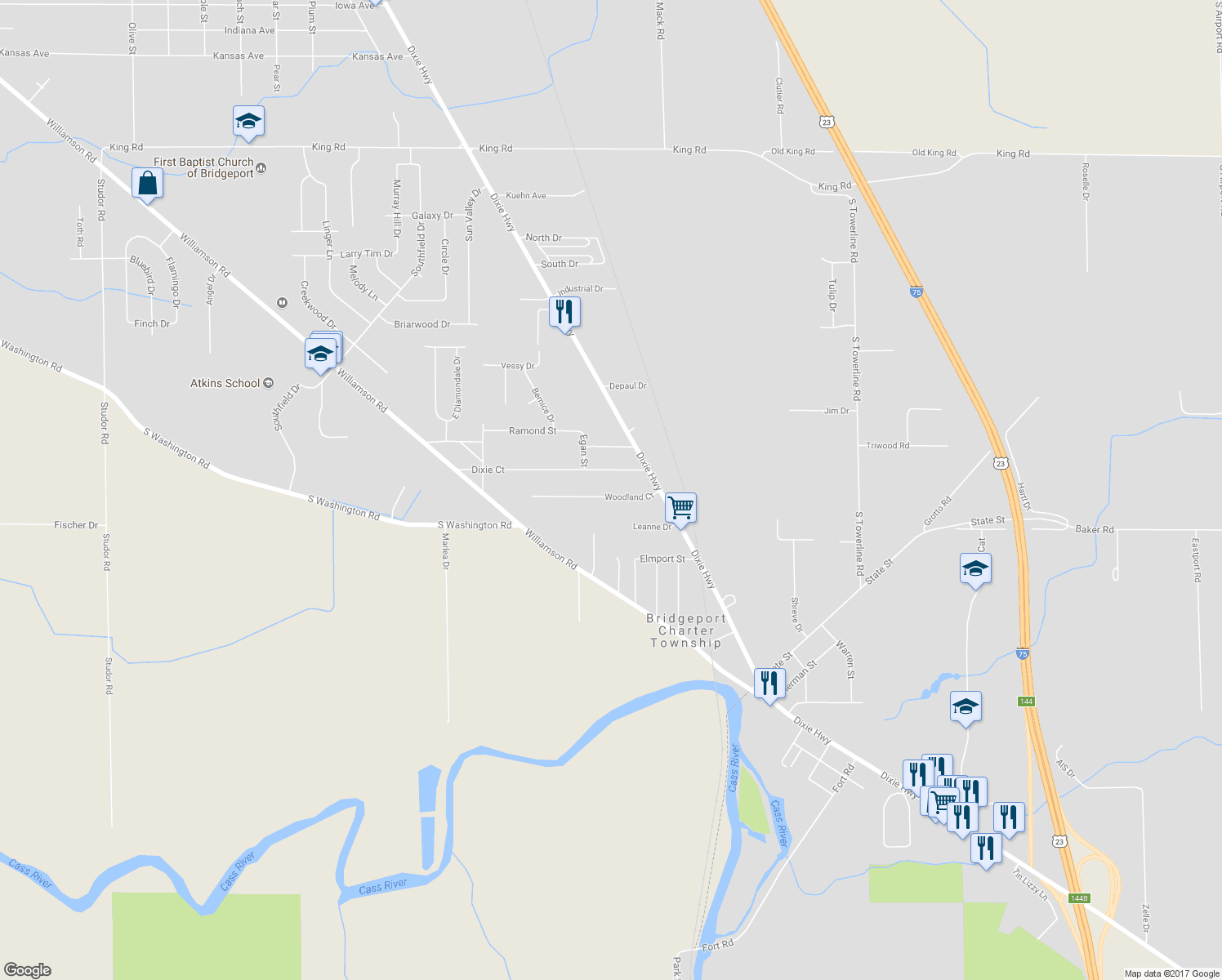 map of restaurants, bars, coffee shops, grocery stores, and more near 3395 Woodland Court in Saginaw