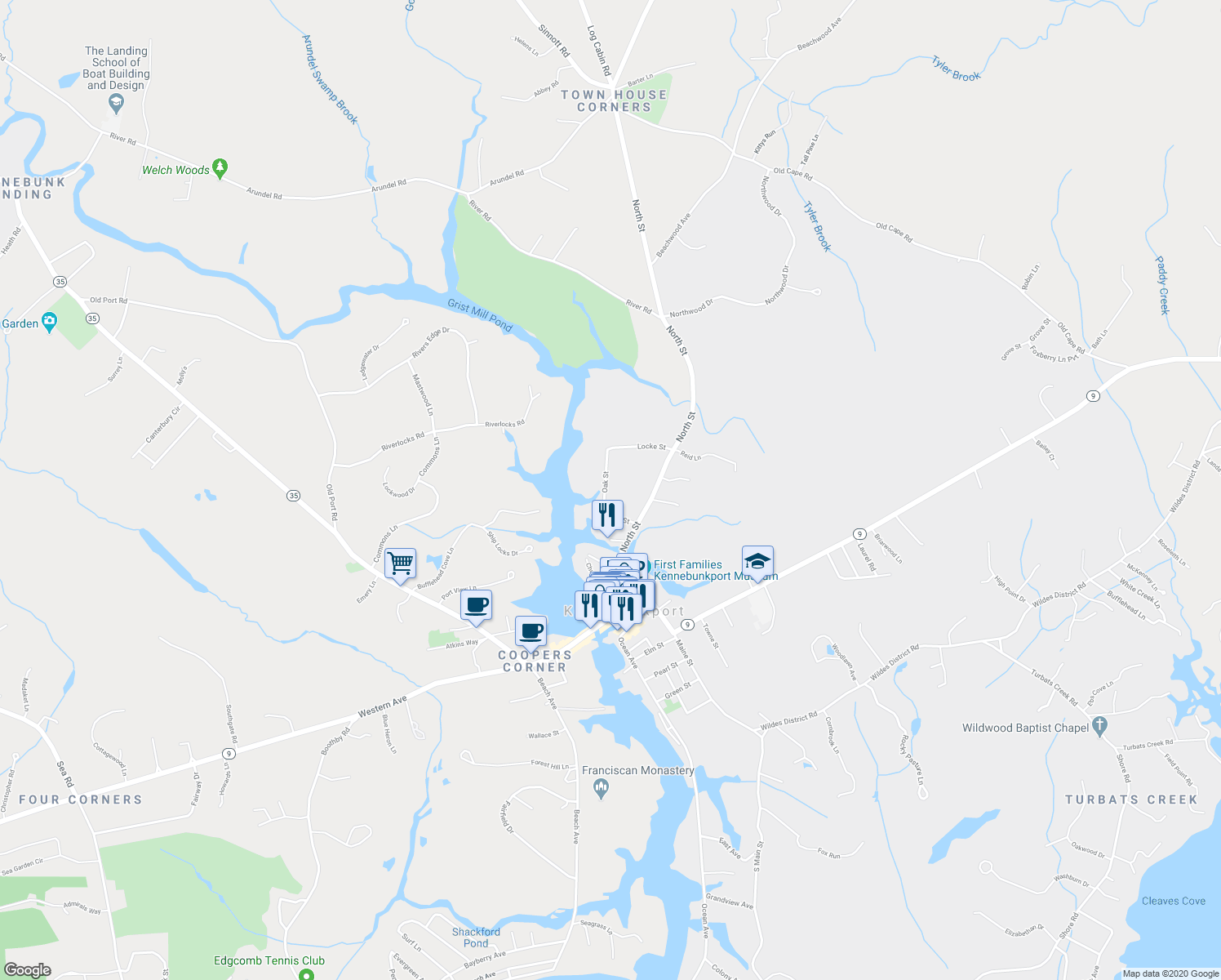 map of restaurants, bars, coffee shops, grocery stores, and more near 7 Oak Street in Kennebunkport