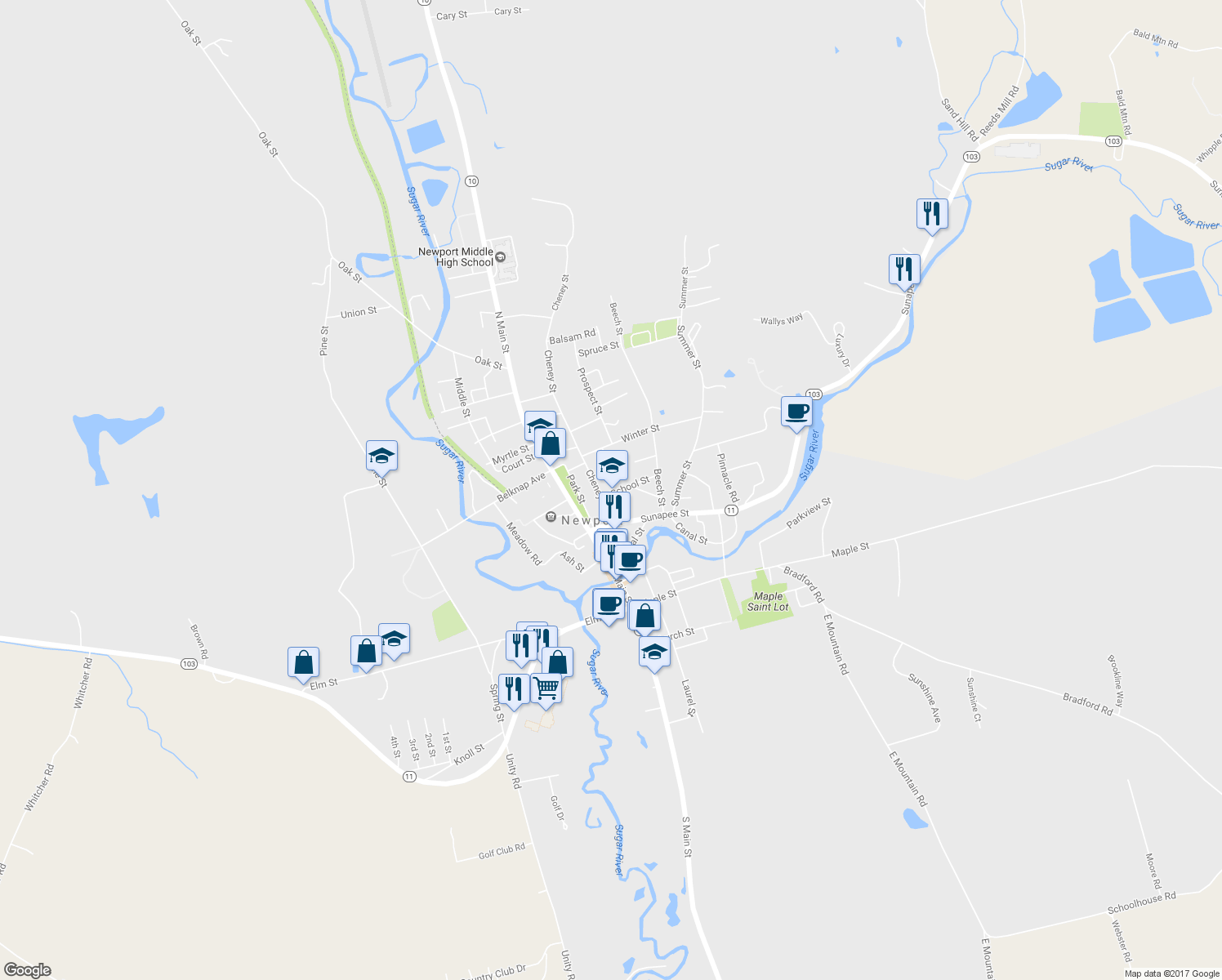 map of restaurants, bars, coffee shops, grocery stores, and more near 6 School Street in Newport