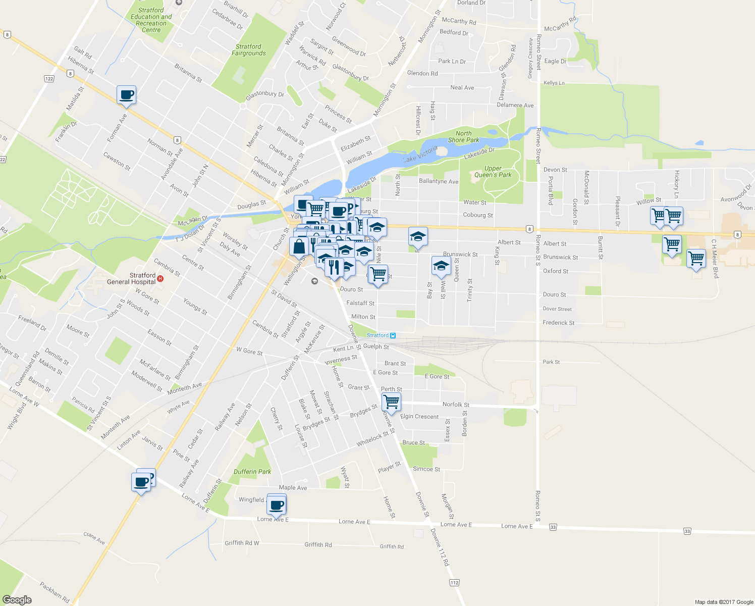 map of restaurants, bars, coffee shops, grocery stores, and more near 173 Nile Street in Stratford