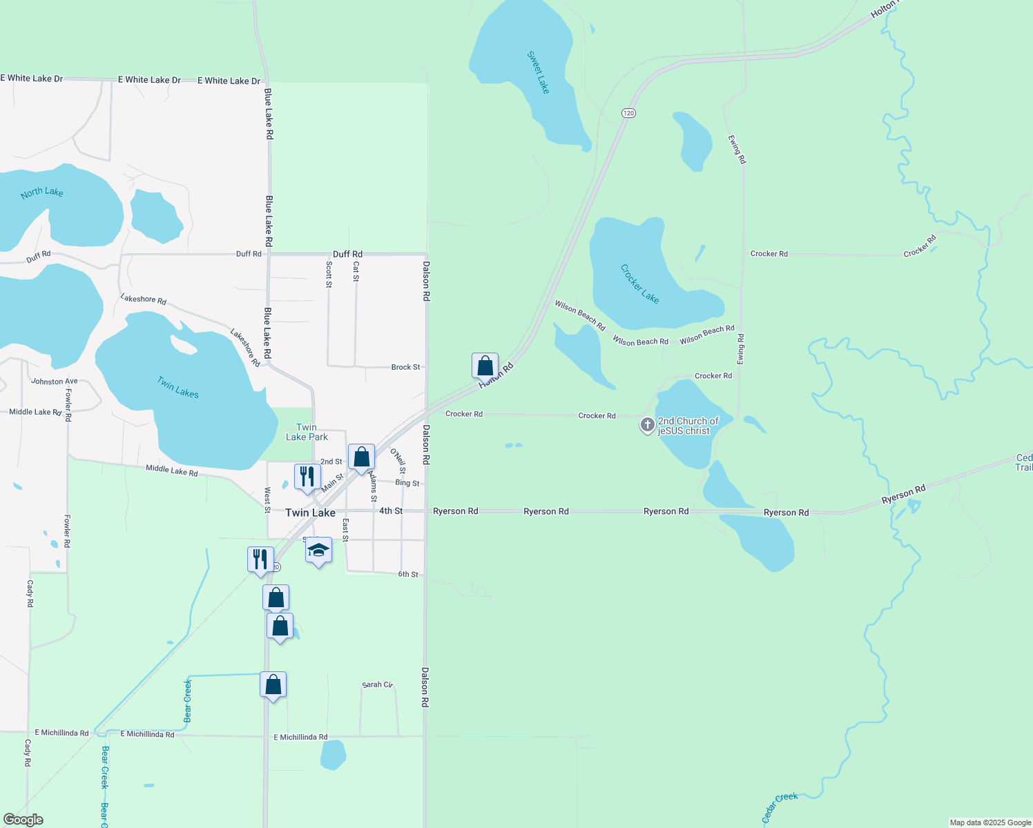 map of restaurants, bars, coffee shops, grocery stores, and more near 3601 Crocker Road in Twin Lake