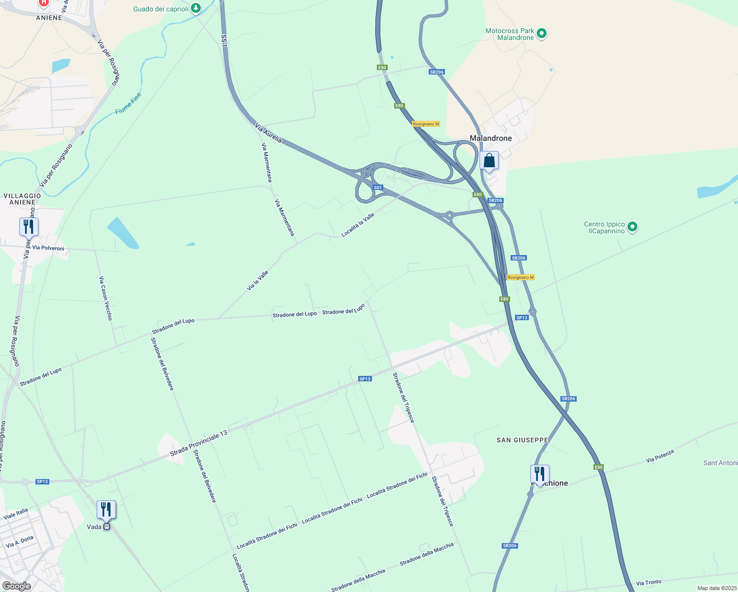 map of restaurants, bars, coffee shops, grocery stores, and more near 13 Località Stradone del Lupo in Livorno