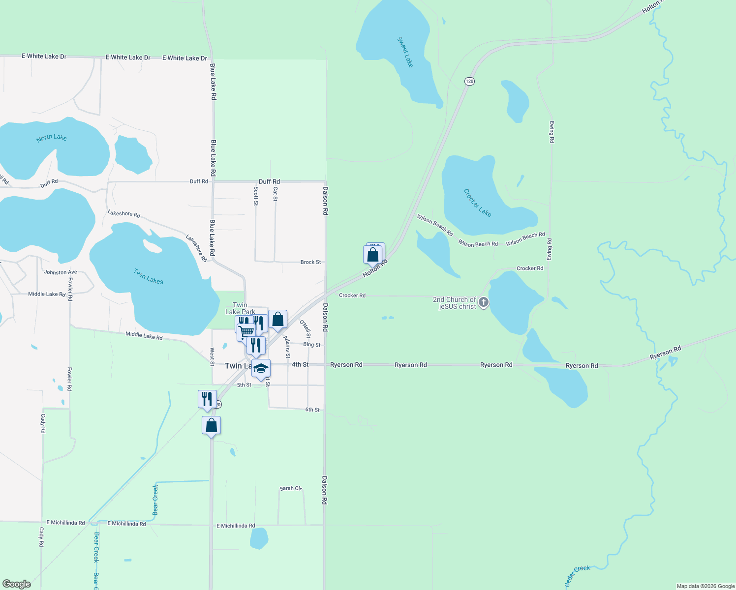map of restaurants, bars, coffee shops, grocery stores, and more near 3520 Crocker Road in Twin Lake