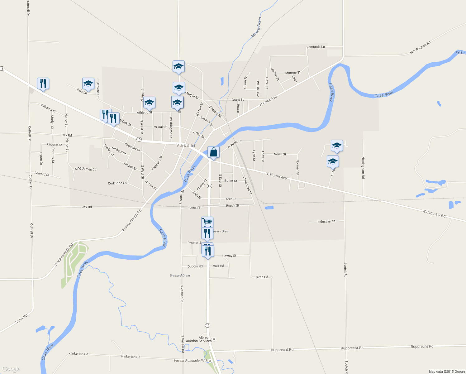 map of restaurants, bars, coffee shops, grocery stores, and more near 216 South Sheridan Street in Vassar