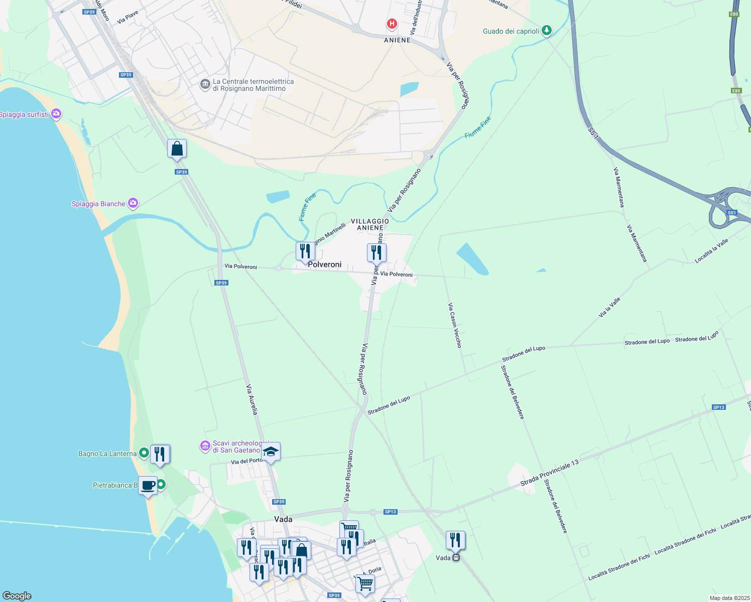 map of restaurants, bars, coffee shops, grocery stores, and more near 24 Via per Rosignano in Polveroni