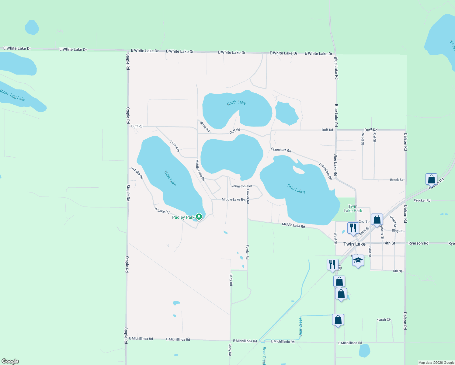 map of restaurants, bars, coffee shops, grocery stores, and more near 6333 Oakwood Avenue in Twin Lake