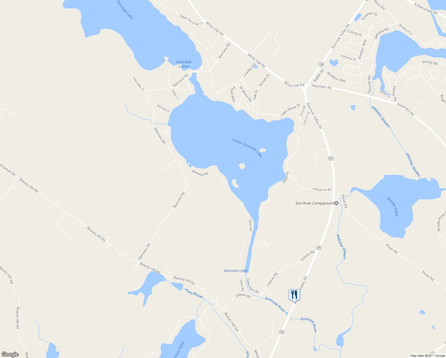map of restaurants, bars, coffee shops, grocery stores, and more near 76 Brewster Road in Barnstead