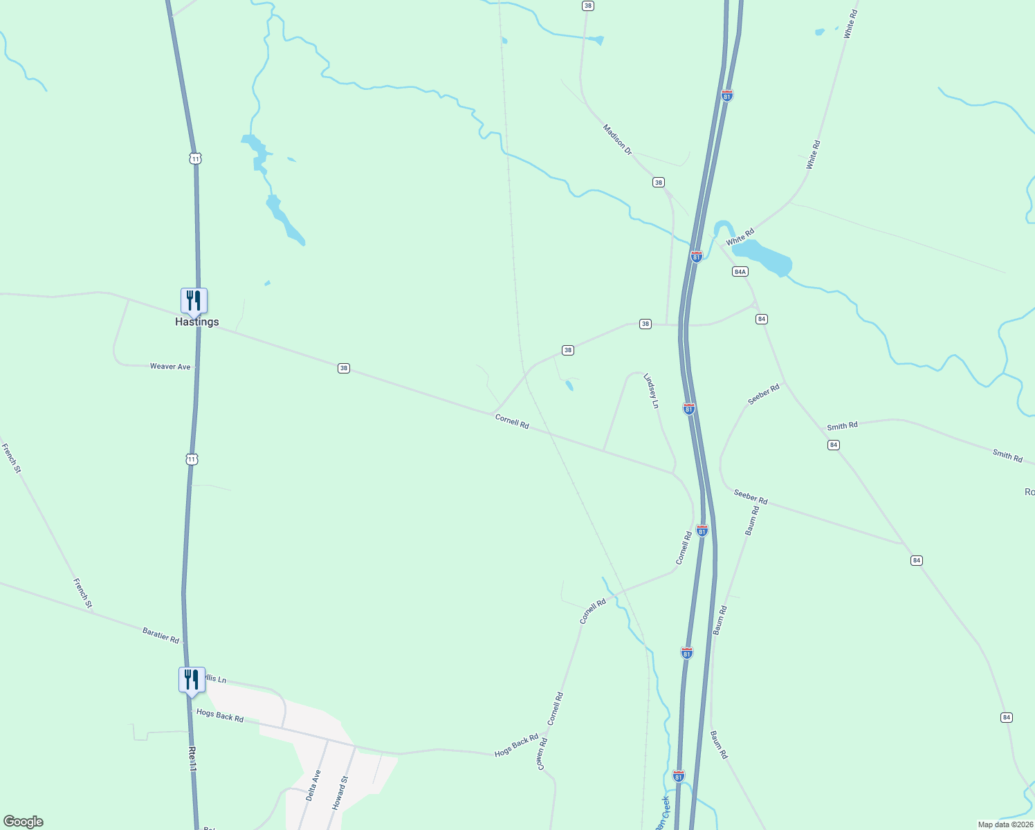 map of restaurants, bars, coffee shops, grocery stores, and more near 330 Cornell Rd in Hastings
