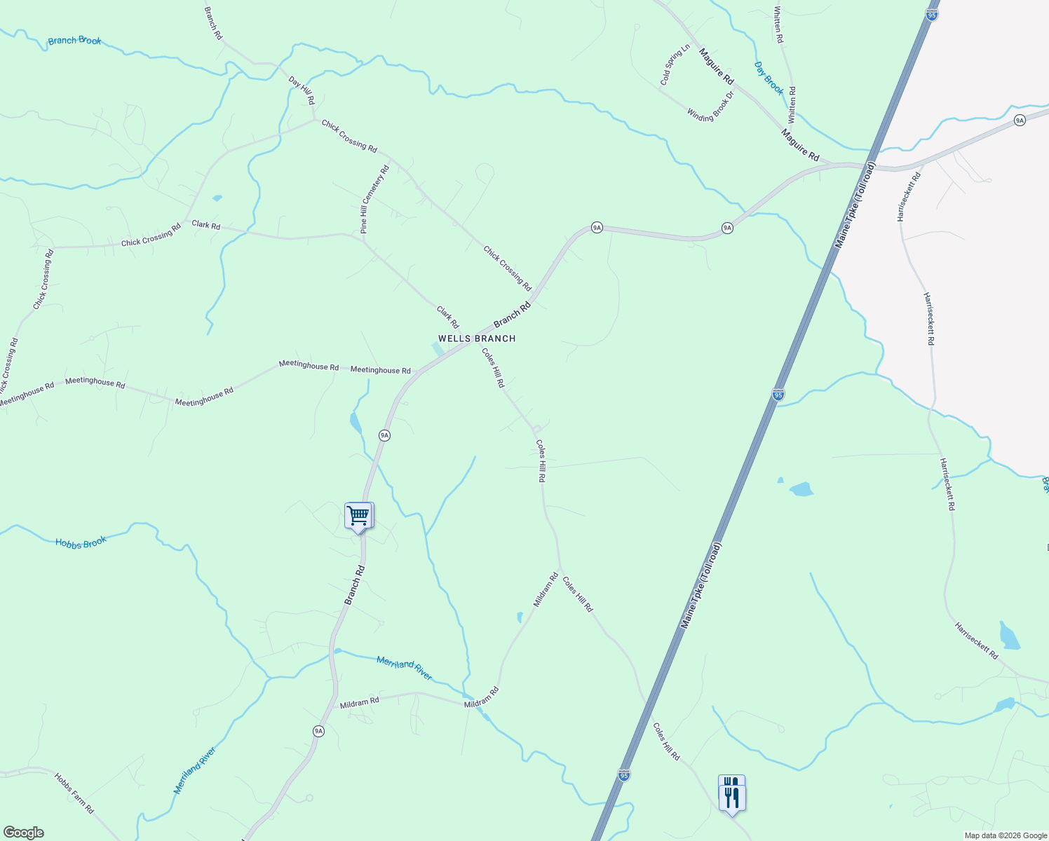 map of restaurants, bars, coffee shops, grocery stores, and more near 1070 Coles Hill Road in Wells