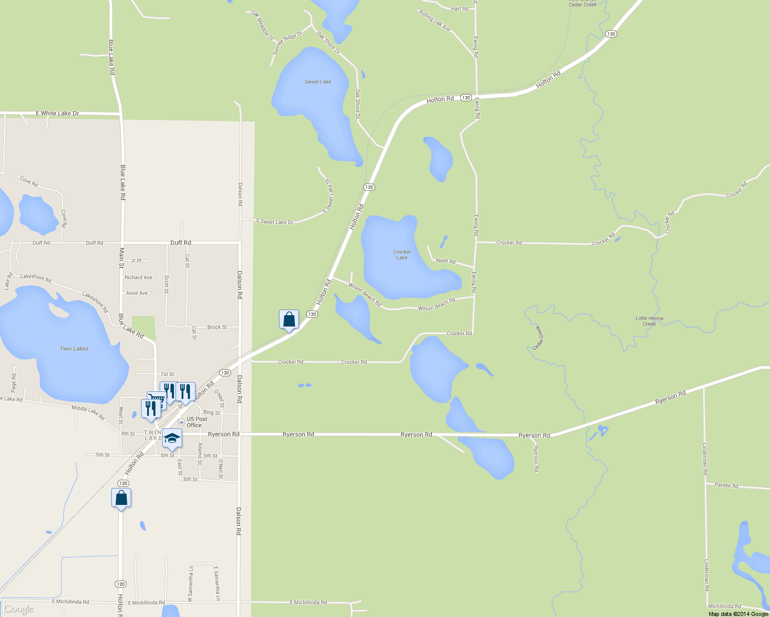 map of restaurants, bars, coffee shops, grocery stores, and more near 3955 Wilson Beach Road in Twin Lake