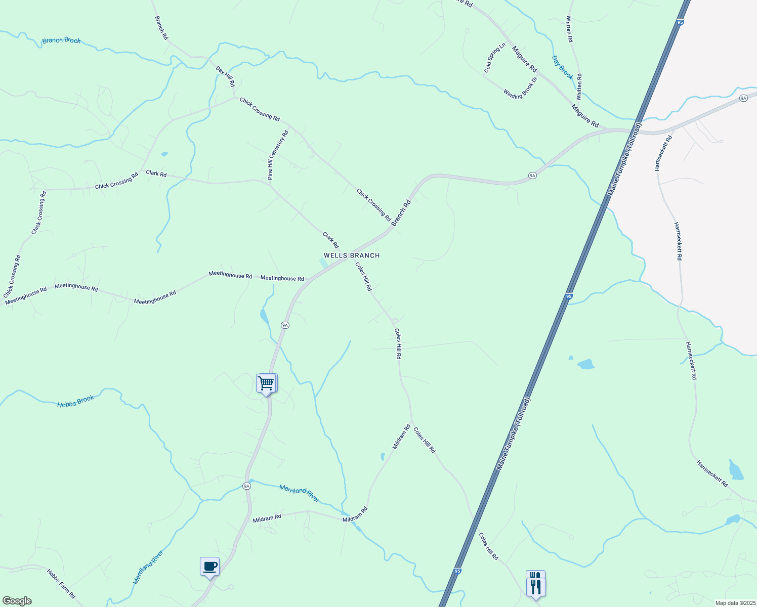 map of restaurants, bars, coffee shops, grocery stores, and more near 1027 Coles Hill Road in Wells