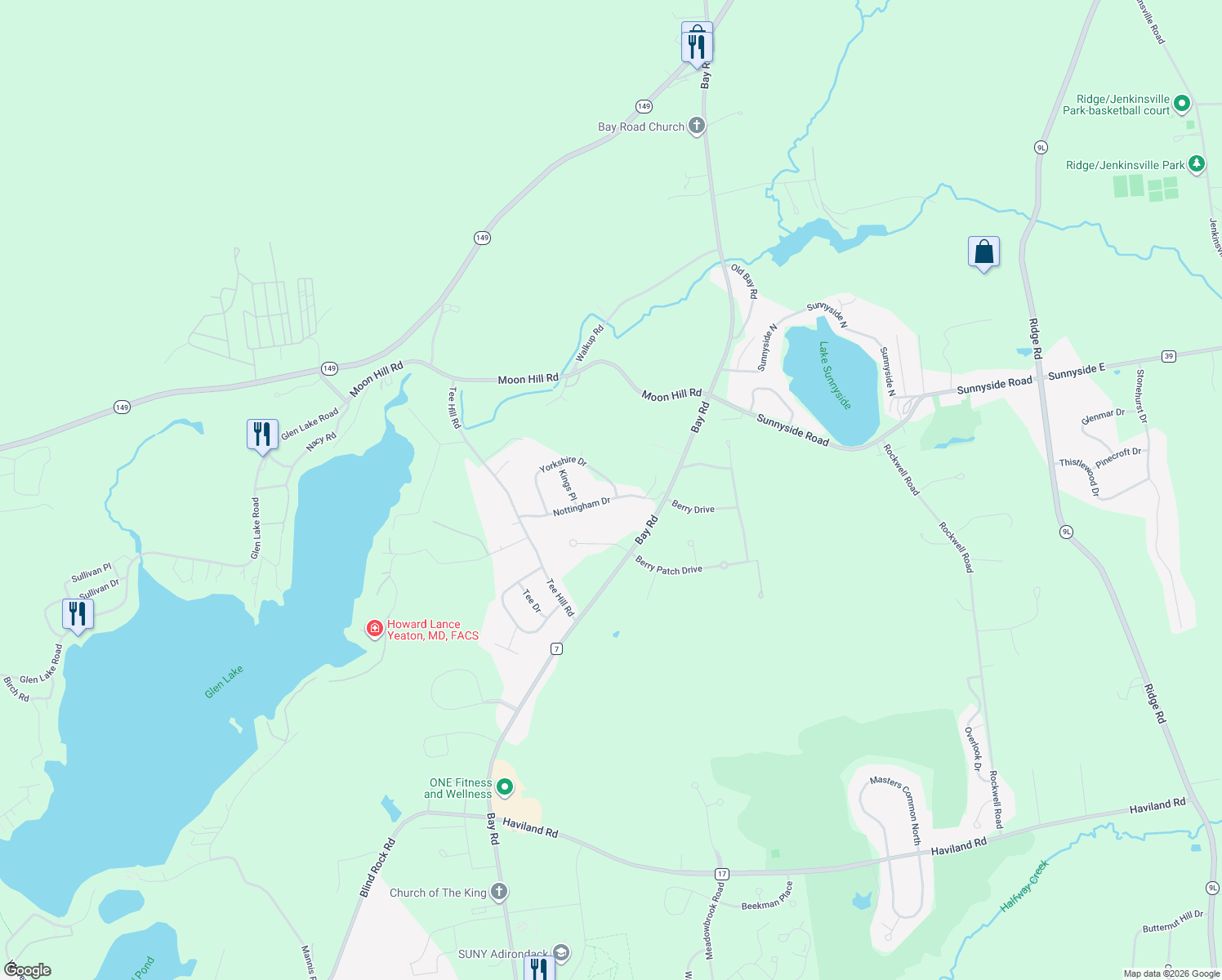 map of restaurants, bars, coffee shops, grocery stores, and more near 59 Nottingham Drive in Queensbury