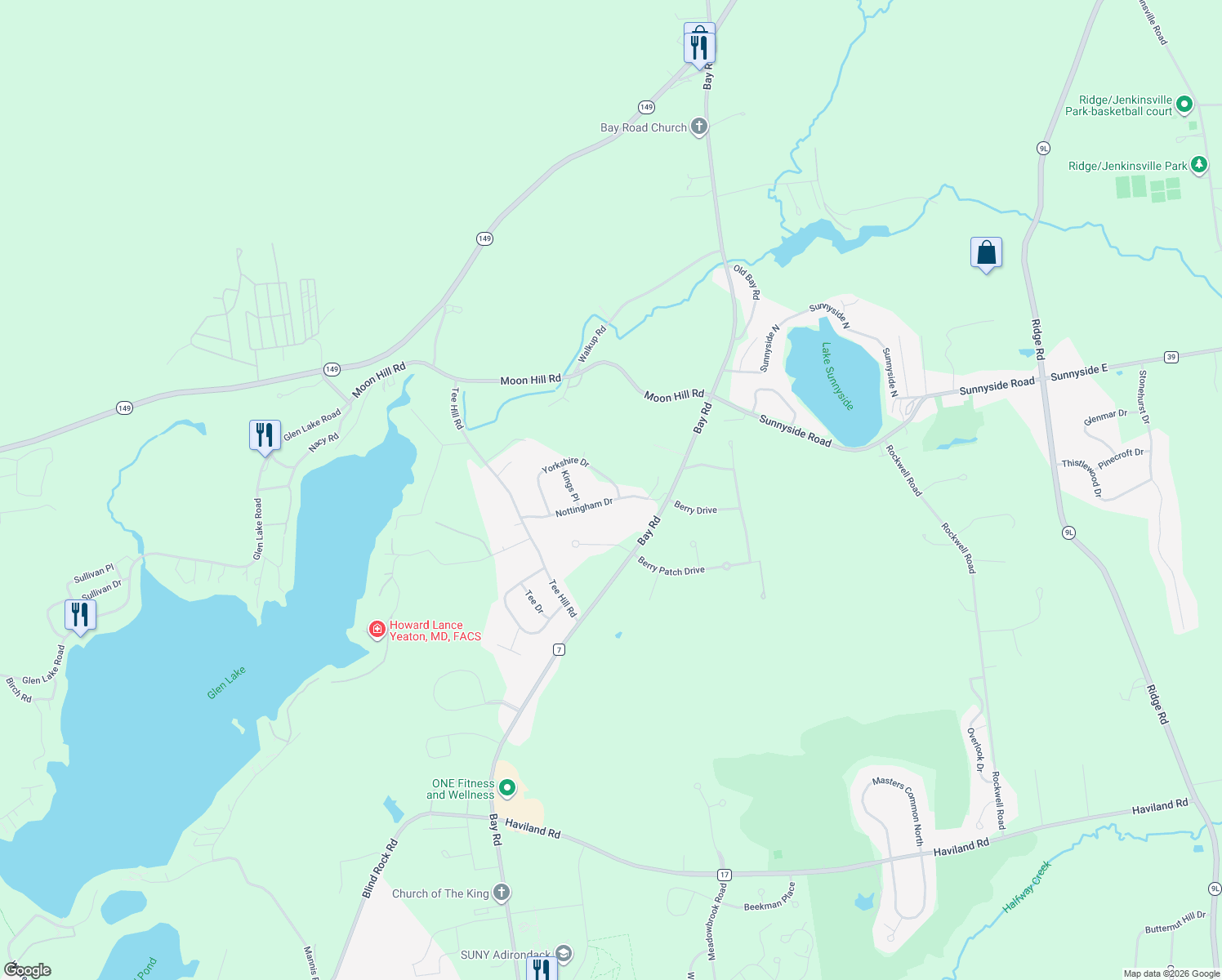 map of restaurants, bars, coffee shops, grocery stores, and more near 59 Nottingham Dr in Queensbury