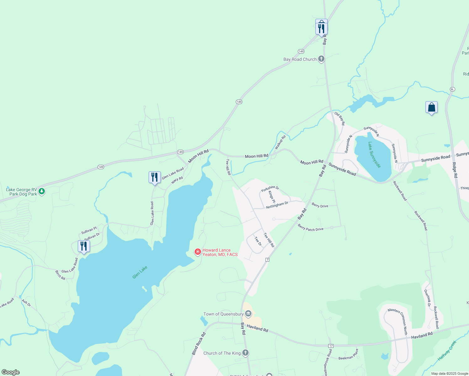 map of restaurants, bars, coffee shops, grocery stores, and more near 111 Tee Hill Rd in Queensbury