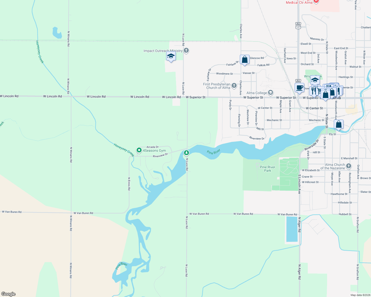 map of restaurants, bars, coffee shops, grocery stores, and more near 4100 Riverview Drive in Alma
