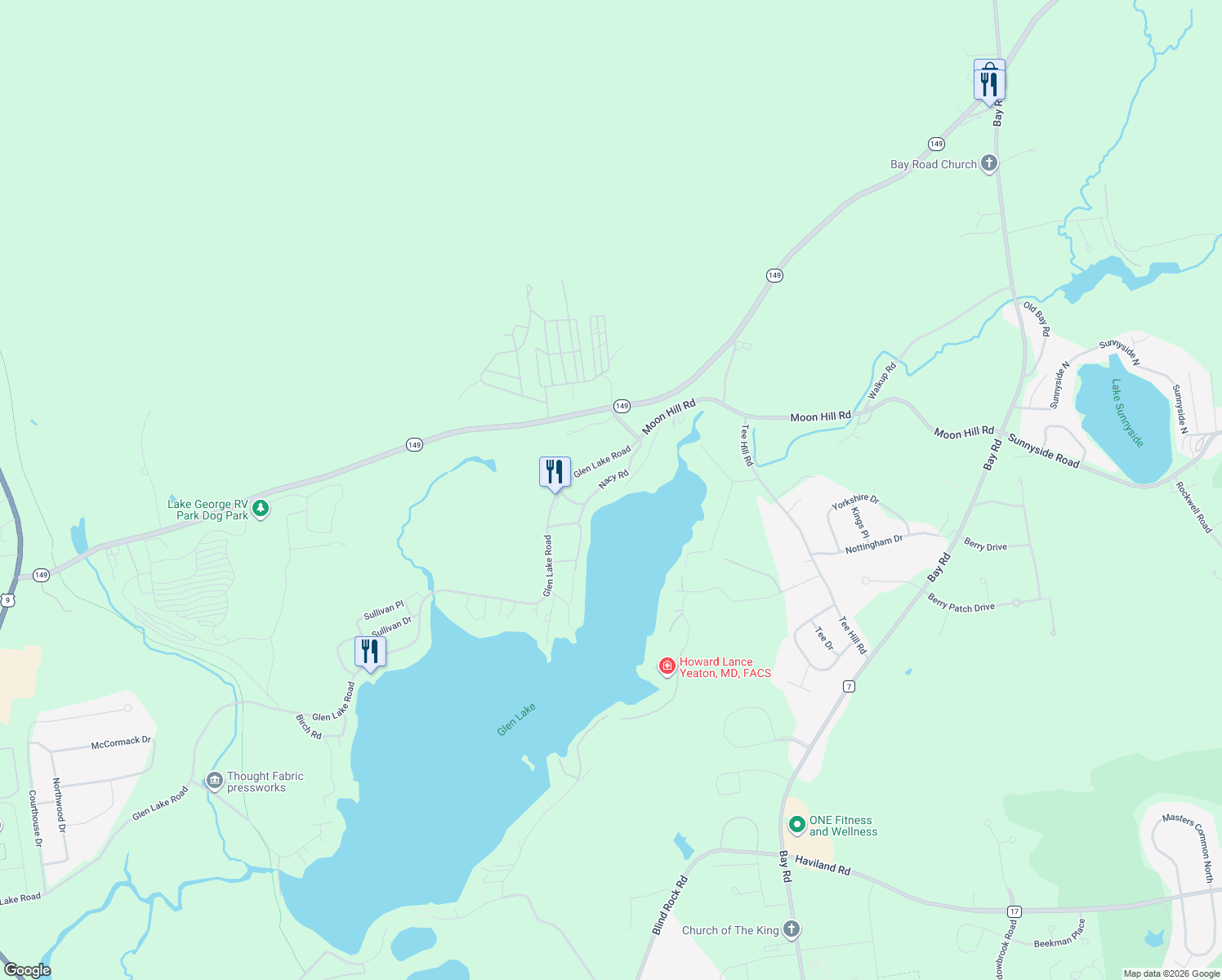 map of restaurants, bars, coffee shops, grocery stores, and more near 46 Nacy Road in Lake George