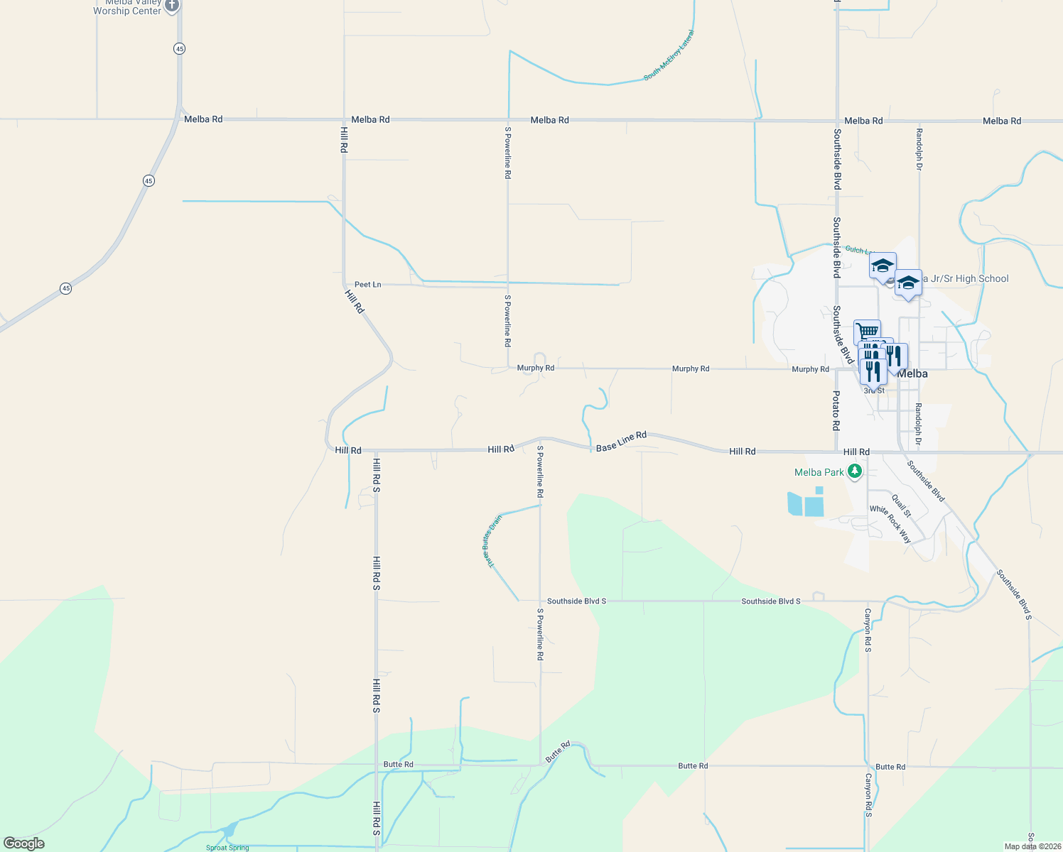 map of restaurants, bars, coffee shops, grocery stores, and more near 7978 Base Line Road in Melba