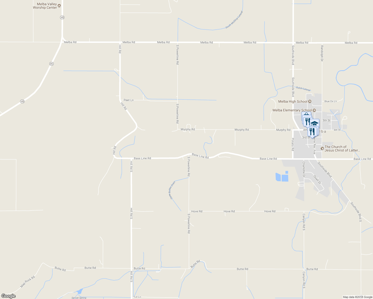 map of restaurants, bars, coffee shops, grocery stores, and more near 7978 Base Line Road in Melba