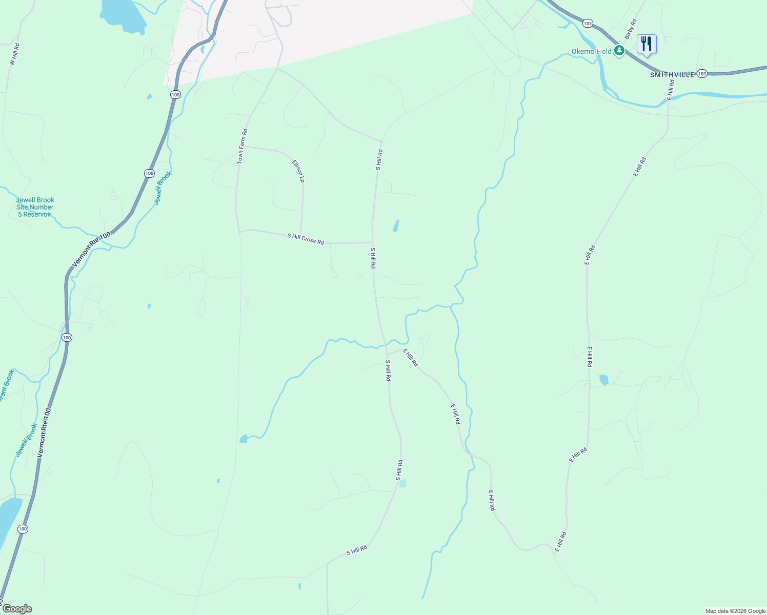 map of restaurants, bars, coffee shops, grocery stores, and more near 701 South Hill Road in Windsor County