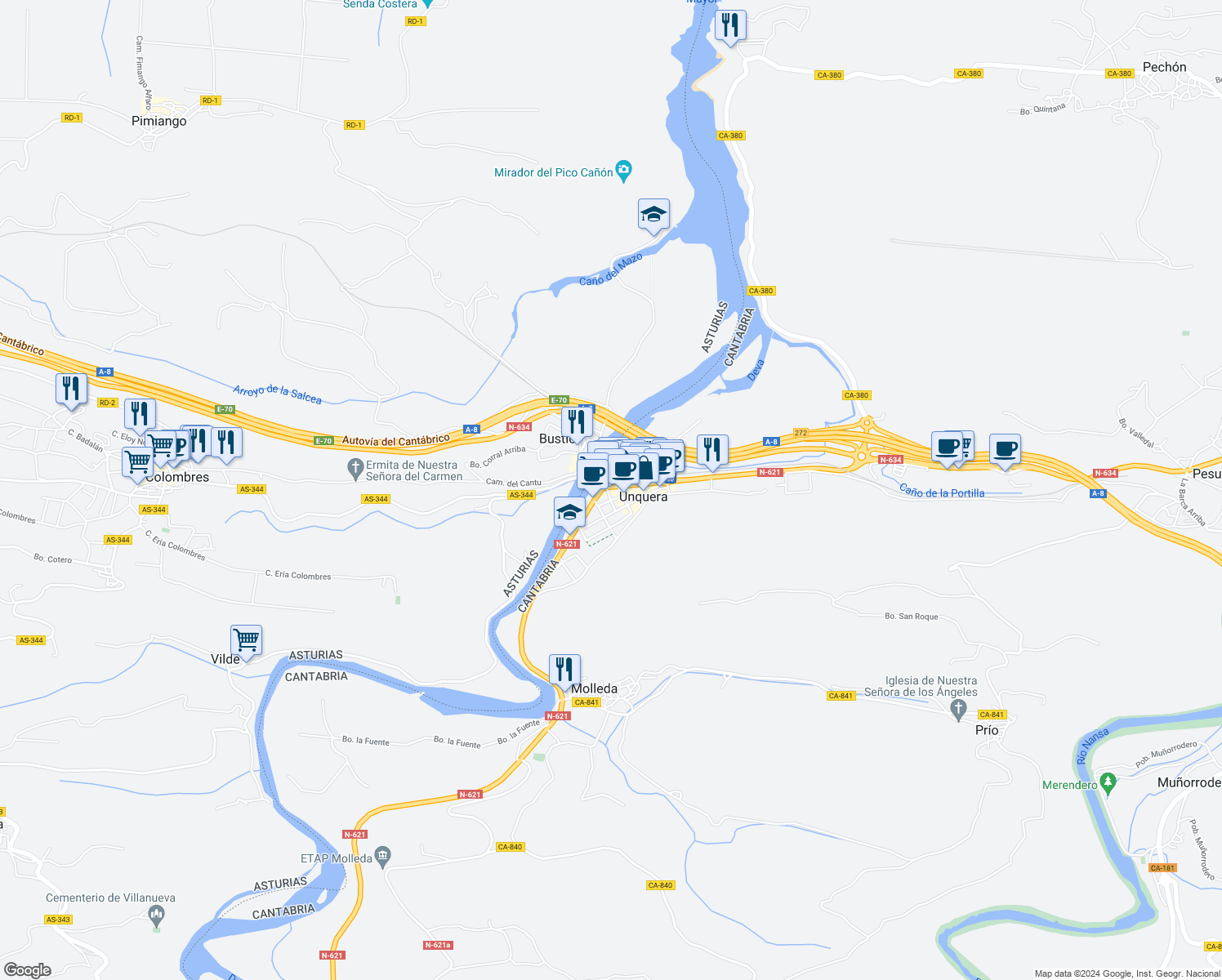 map of restaurants, bars, coffee shops, grocery stores, and more near 2 Calle Carretera General in Unquera