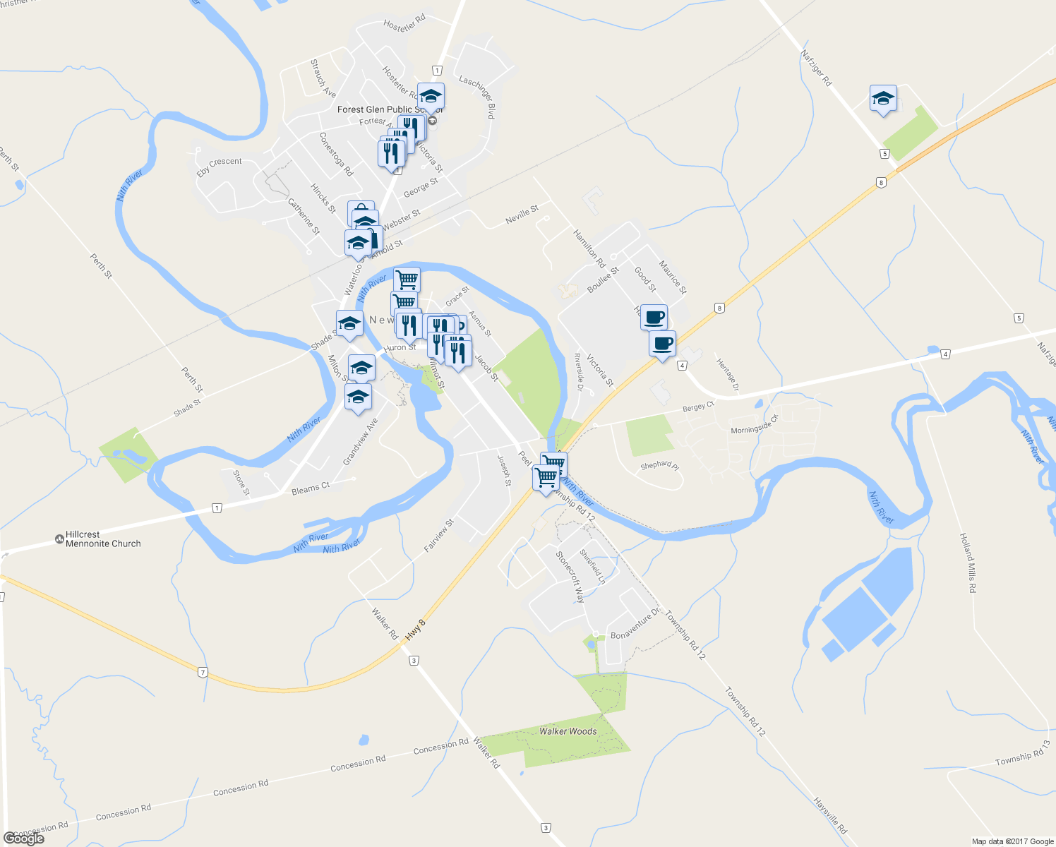 map of restaurants, bars, coffee shops, grocery stores, and more near 340 Jacob Street in New Hamburg